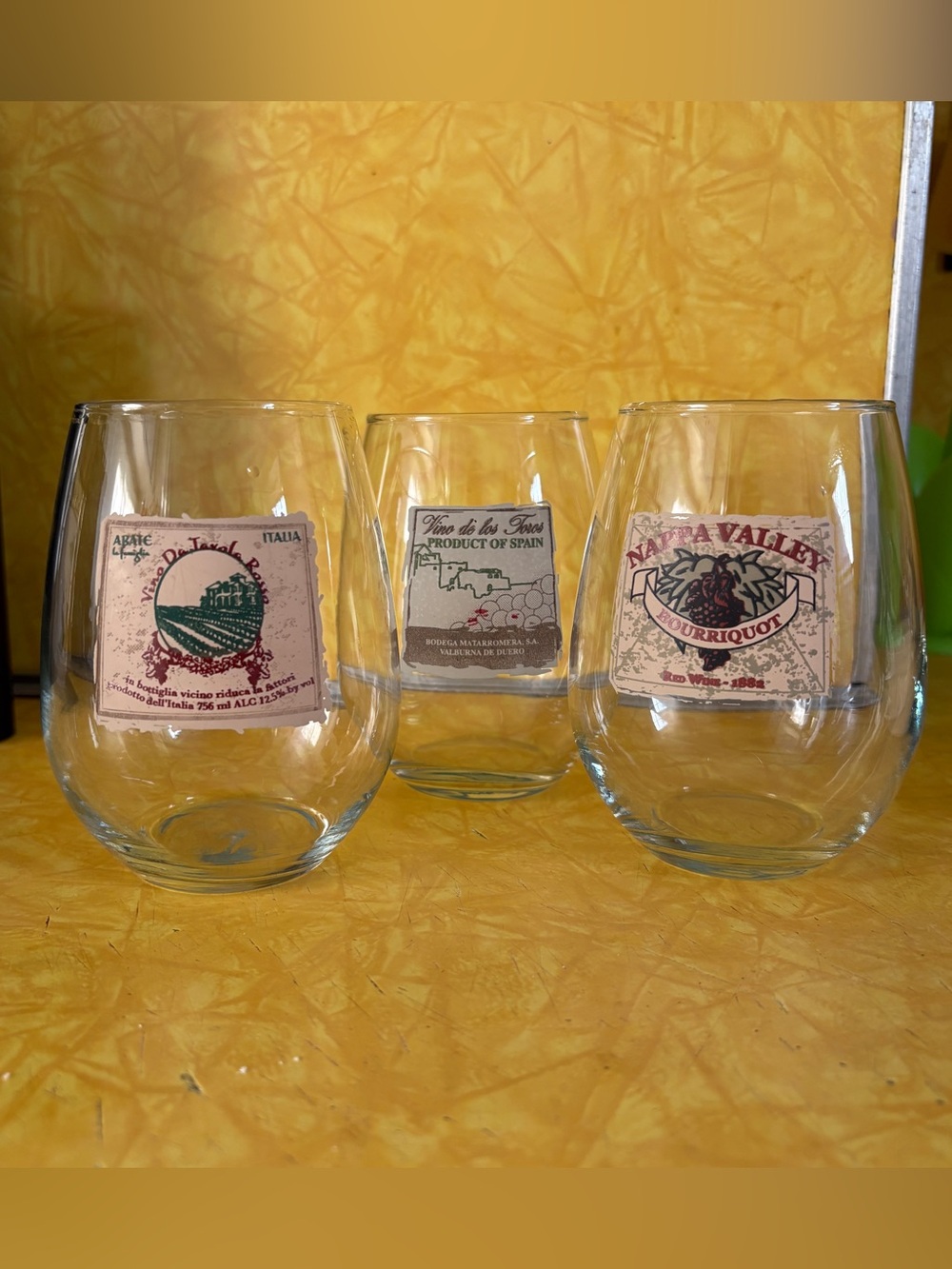 Pier 1 Stemless Wine Glass Set of 3 with Vintage Wine Label Design - Clear